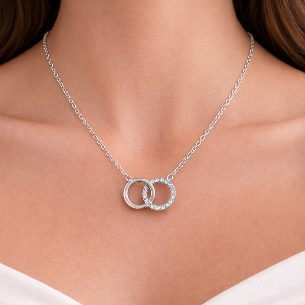 Silver Interlocking Circle Necklace with CZ Pavé Ring